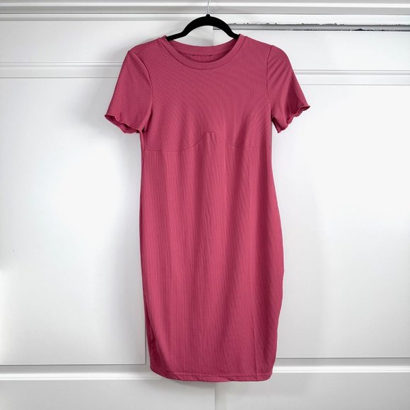 Fuchsia Pink Bodycon Ribbed Mini Short Sleeve Dress - Picture 1 of 13